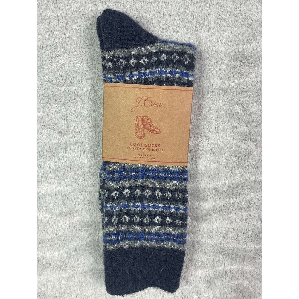 NWT J.Crew Men's Boot Socks Lambswool Blend Fair Isle Blue Grey One Size BD115